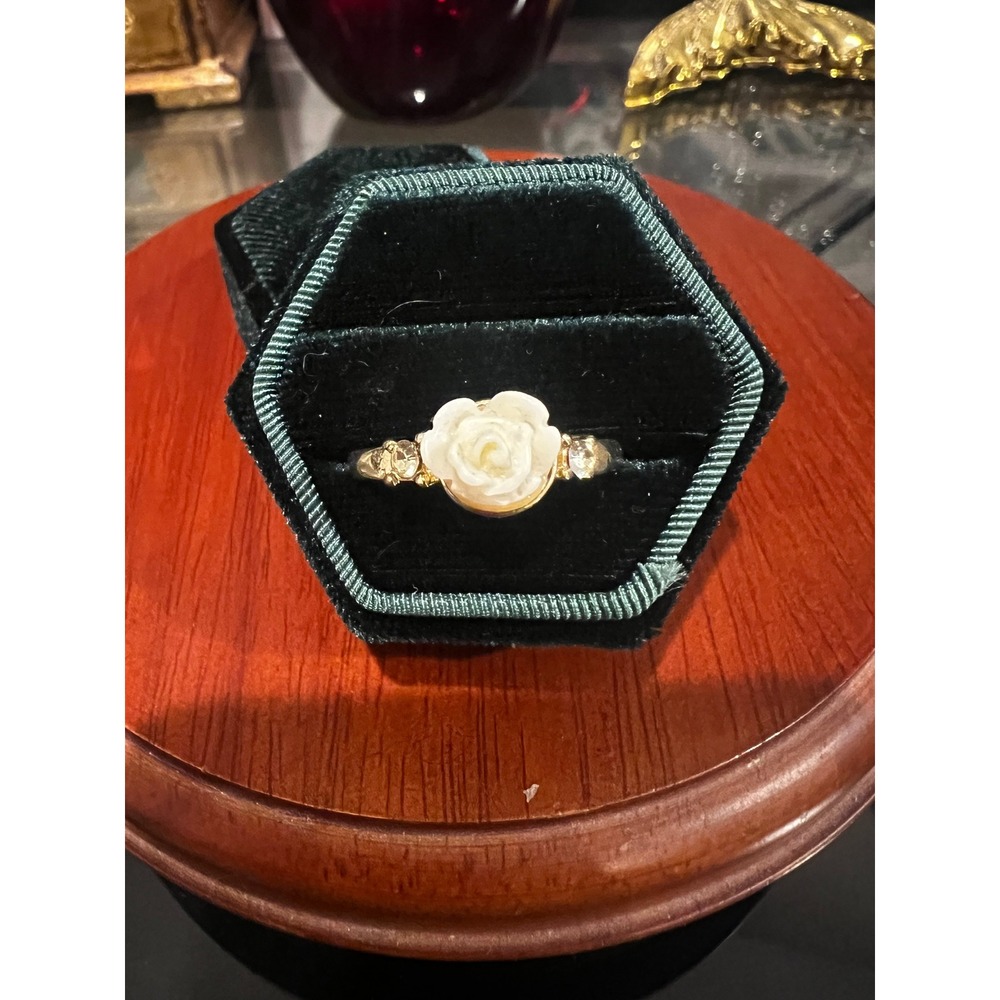 Gold Tone Carved White Rose Ring Rhinestone Accents Size 7.5 Romantic Floral